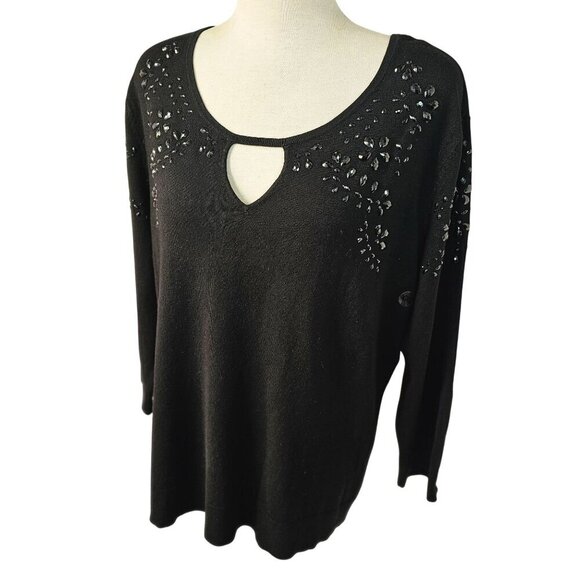 7th Avenue Design Studio Black Beaded Sweater Women Sz 2XL Cutout Scoop Neck NWT - Picture 1 of 7